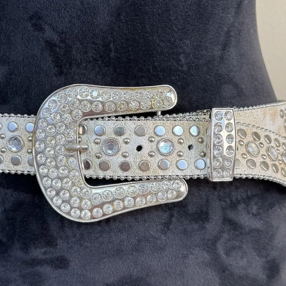 Rhinestone Western Belt Womens M Gold Genuine Leather Studded Rodeo Cowgirl Goth